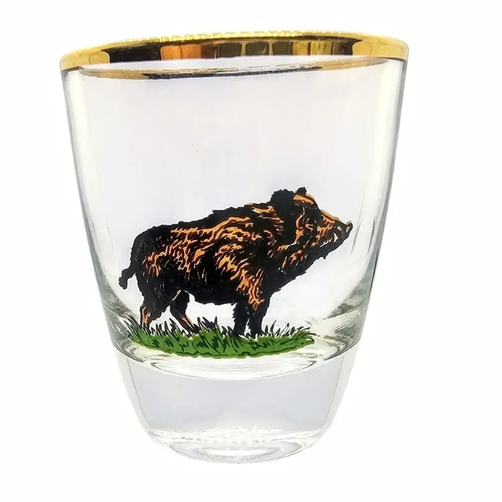 Ruhrglas Vintage Wildlife Game Shot Glasses Gold Rim 5pc Boar Pheasant Hawk Buck
